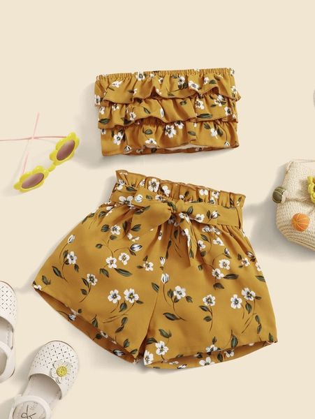 

baby floral print tiered hem tube & paper bag waist belted shorts she, White