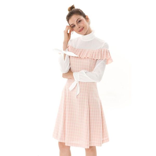 

casual dresses stand collar solid ruffles autumn dress women 2021 turtle neck butterfly sleeve fake two pieces office party midi, Black;gray