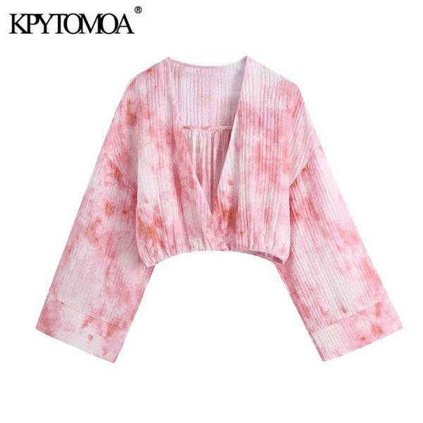 

women fashion tie-dye print cropped blouses vintage long sleeve elastic hem female shirts blusas chic 210421, White
