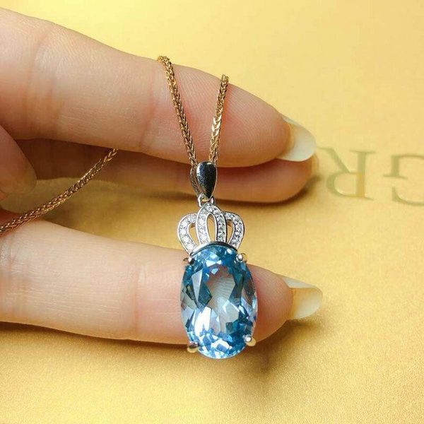 

pendant necklaces design oval sky blue cz crown pendent women two tone chain anniversary gift lover fashion versatile jewelry, Silver