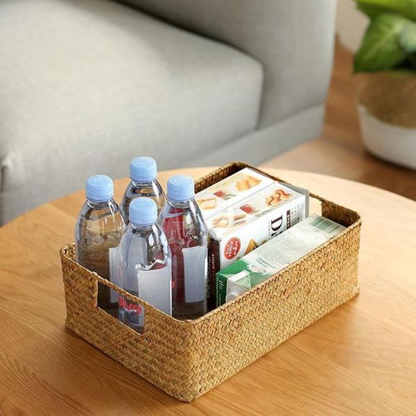 

storage baskets hand-woven basket clothing container handmade seagrass woven rectangular with handle sundries organizer holder