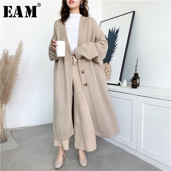 

[eam] gray big size long knitting cardigan sweater loose fit v-neck long sleeve women fashion autumn winter y204 210806, White;black