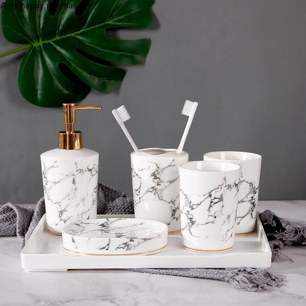 

marbling bathroom 6 piece set plastic tray/cotton swab box ceramic wash mouth cup lotion bottle toothbrush holder soap dish bath accessory
