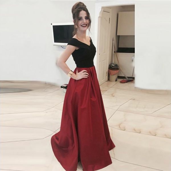 

customize a-line satin evening dresses simple off the shoulder v-neckline vestido de fiesta burgundy prom gowns long, Black;red