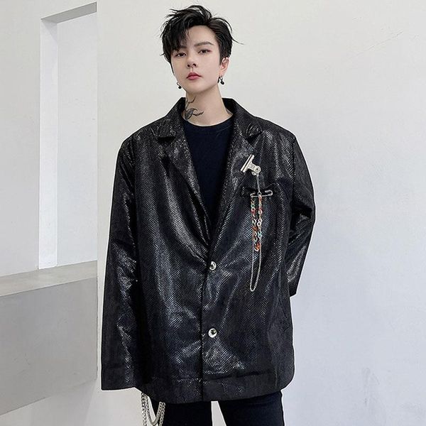 

men's suits & blazers metal chain fashion loose casual suit jacket streetwear hip hop vintage party blazer coat men snakeskin pattern, White;black