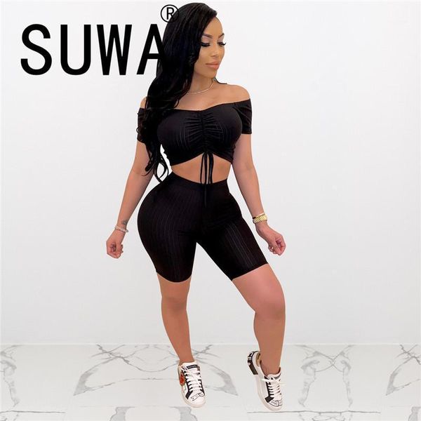 

lady summer 2 piece set slash neck crop and tight shorts two club outfit women's tracksuits, Gray