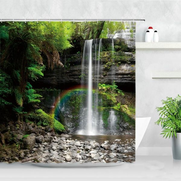 

shower curtains rainbow waterfall curtain set green plant tree stone natural scenery waterproof bathroom fabric hooks home decor