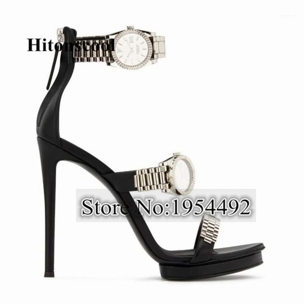 

sandals luxury gold watch studded high heel metal chain decor gladiator women designer heels party shoes woman 20211, Black