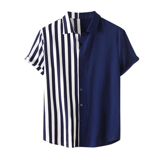 

men's casual shirts stripe splice for men short sleeve chemise button turn-down collar summer ropa de hombre, White;black