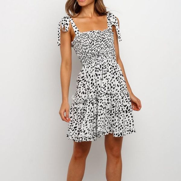 

casual dresses women's summer fashion retro spot print elegant sling lace up waist fold slim ruffle elastic dress versatile, Black;gray