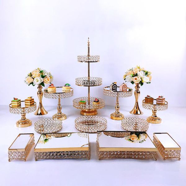 Outros suprimentos festivos de festas 14pcs Cristal Metal Bolo Stand Set Acrílico Espelho Cupcake Decorações Dessert Pedestal Wedding Display Bandeja