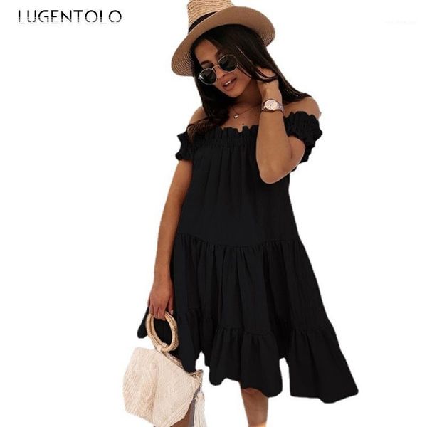 

casual dresses women dress summer slash neck solid sleeveless female loose big swing mini lugentolo, Black;gray