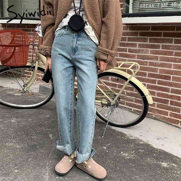 

high waisted jeans women vintage streetwear clothes slit leg straight denim pants blue full length fashion spring 210607