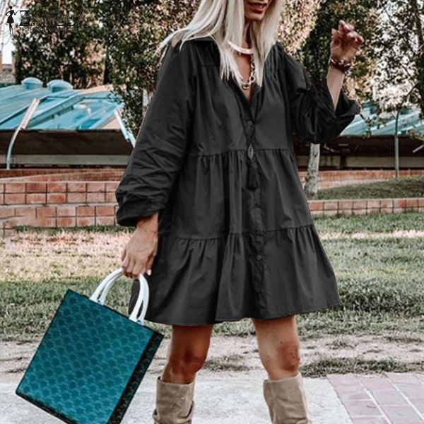 

womens autumn mini shirt dress zanzea casual ruffle dresses female solid robe femme elegant lapel loose vestidos oversized s-5xl, Black;gray