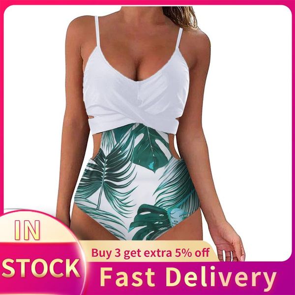 

vintage leaf printed swimwear women monokini wrap cut out swimsuit bathing suit high waist beachwear biquini women's, White;black