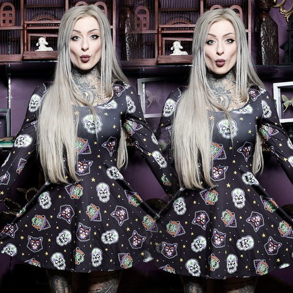 

2021 european and american halloween costume festival performance dress long sleeve printed skull, White
