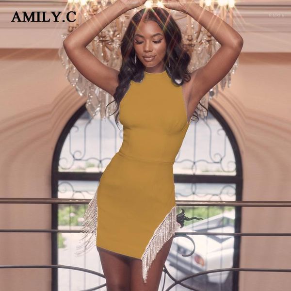 

amily.c summer tassel crystal trim bandage party dress white round neck women's sleeveless tight casual dresses, Black;gray