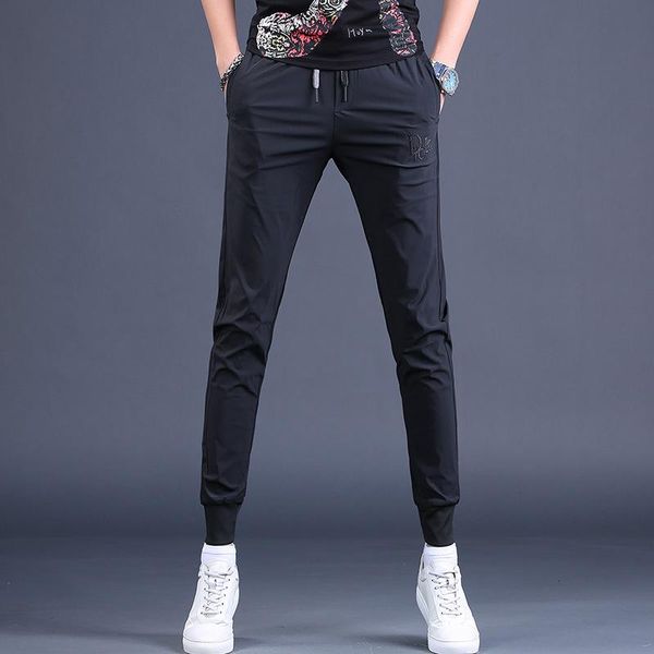 

summer thin ice silk pants embroidered men's casual, Black