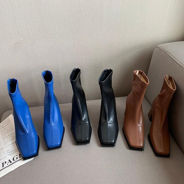 

boots winter women booties square toe sock mid heels back zipper black brown blue woman zip closed pump