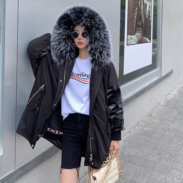 

women's fur & faux cnegovik winter jacket coat women parka long real raccoon collar warm design thick overcoat loose, Black