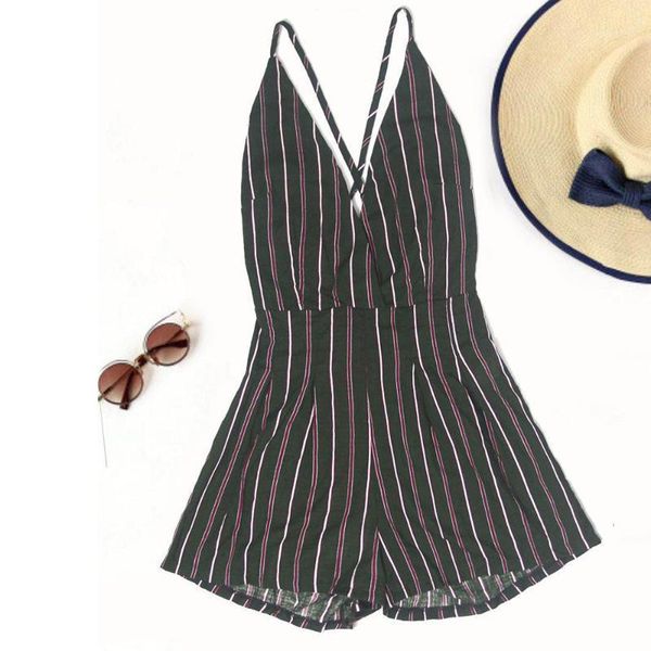 

women's jumpsuits & rompers fashion playsuit strappy strap v neck striped printed party clubwear jumpsuit women summer beach, Black;white