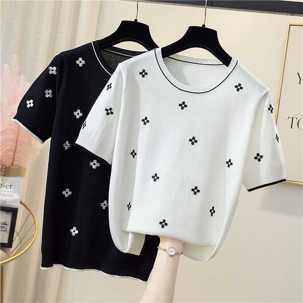 

pure cotton t-shirt women summer o-neck pullover flower knitwear plus size casual sweater short-sleeved tees 210604, White;black
