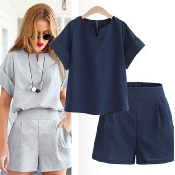 

women's tracksuits kalenmos solid color round neck short sets loose streetwear pocket fashion folding wide leg shorts casual summer t-s, Gray