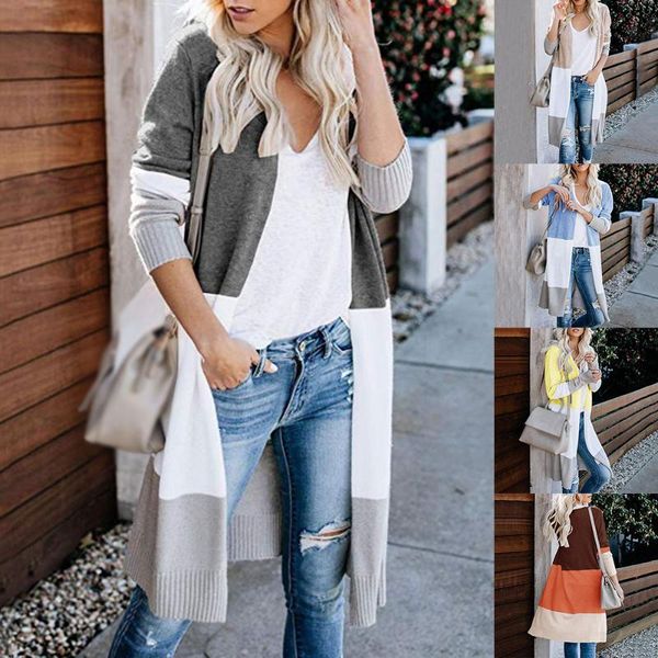 

spring women sfit 2020 striped color block draped loose cardigan long sleeve casual knit sweater coat, White