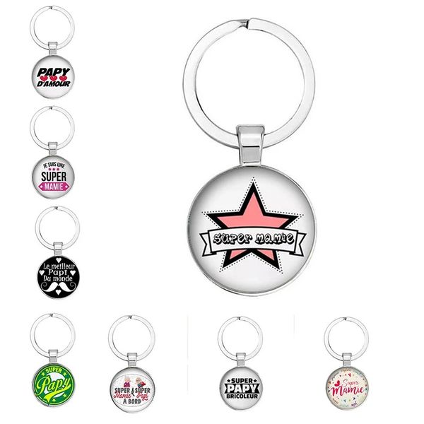 

fashion style super mom pattern keychain round glass pendant pabi keyring jewelry charm parents memorial day gift, Silver