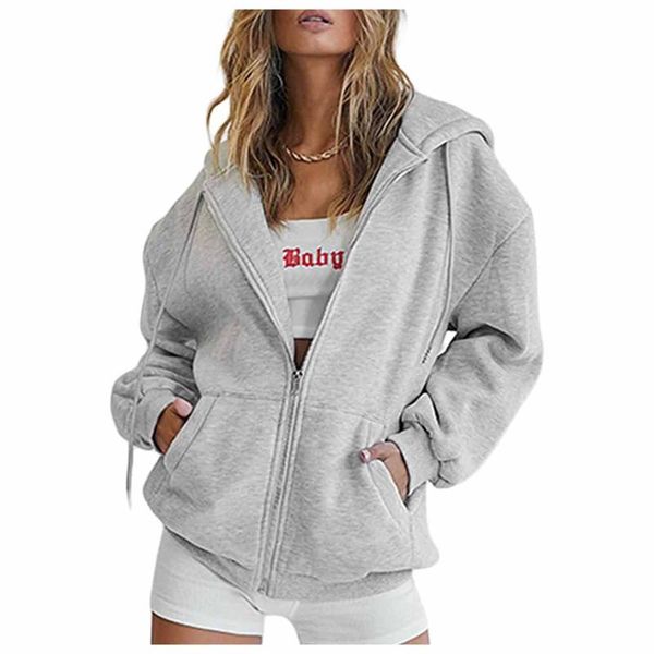 

women's hoodies & sweatshirts street long sleeve hooded zipper solid color casual sweatshirt pocket shirt ropa mujer, Black