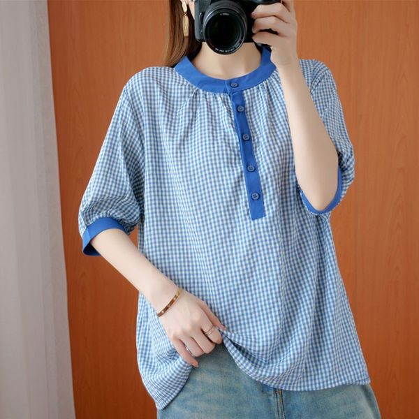 

oversized women cotton casual t-shirts new summer simple style vintage plaid loose female short sleeve tees s3564 210412, White