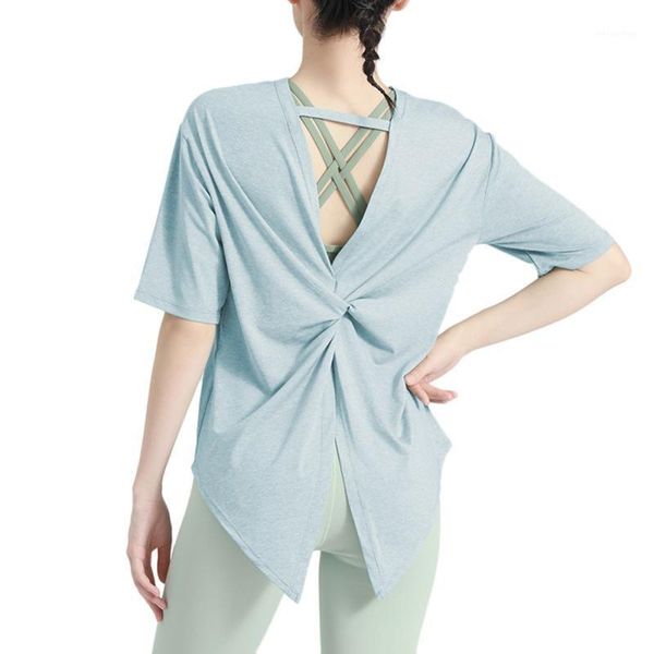 

yoga outfit breathable open back quick dry mesh short sleeve shirt cross solid loose tank soft women sportswear