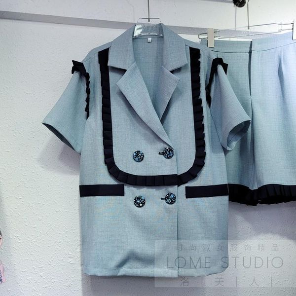 

women's tracksuits suit 2021 summer outfits short sleeve coat contrast color blazer five-point shorts half pants two-piece set, Gray