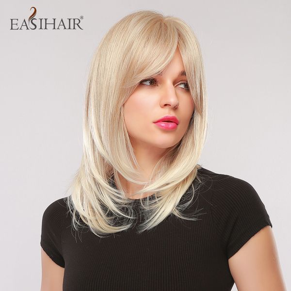 

medium length blonde synthetic hair wigs women natural hair layered wigs with bangs heat resistant wig cute cosplay wig, Black