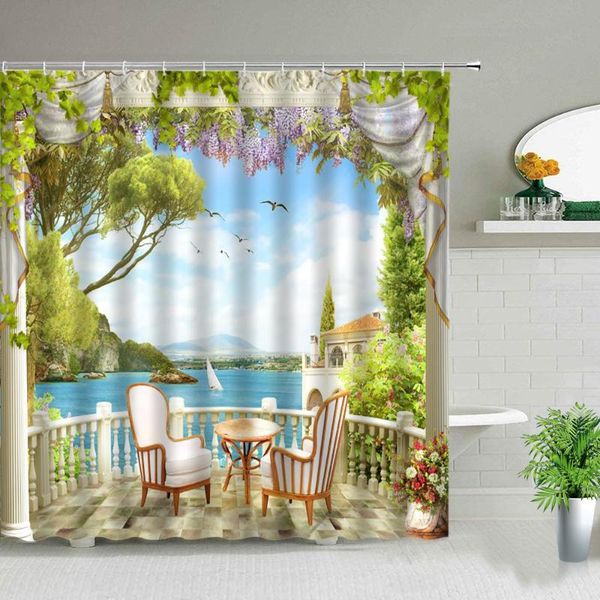 

shower curtains ldyllic scenery ocean flower plant spring landscape bathroom curtain bathtub decor waterproof fabric with hooks