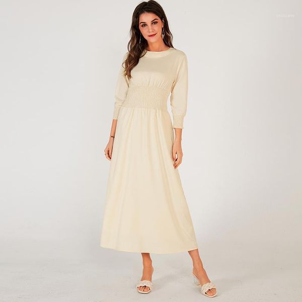 

casual dresses summer midi dress women nice white elastic high waist shirring back buckle lantern 3/4 sleeve slim elegant vintange robes, Black;gray