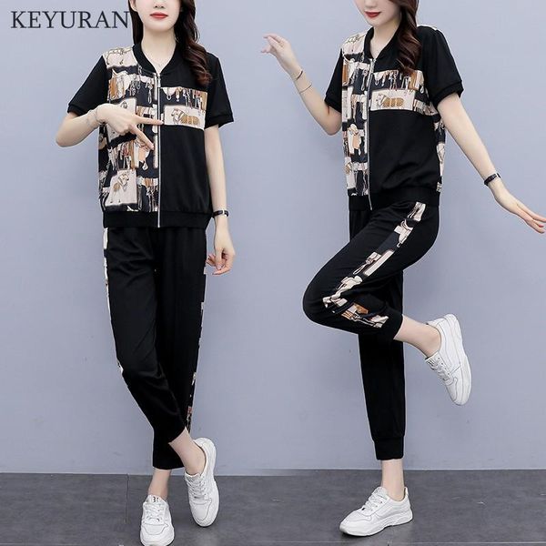 

women's two piece pants plus size set summer tracksuit women print patchwork zipper short sleeve + pant suits femme sport wear casual s, White
