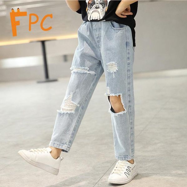 

jeans hole for girls solid distressed streetwear toddler ripped straight fashion long pants clothes 4-15 year, Blue