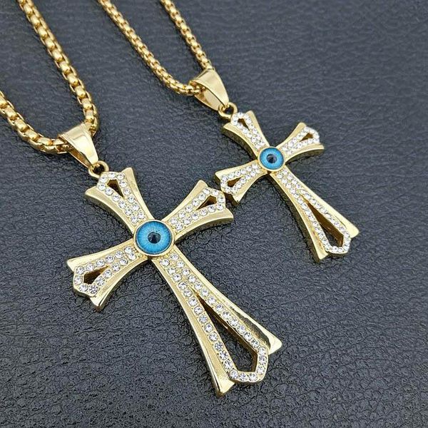 

pendant necklaces crystal stainless steel evil eye cross pendants gold color bling iced out hip hop rapper jewelry with 24" chain, Silver