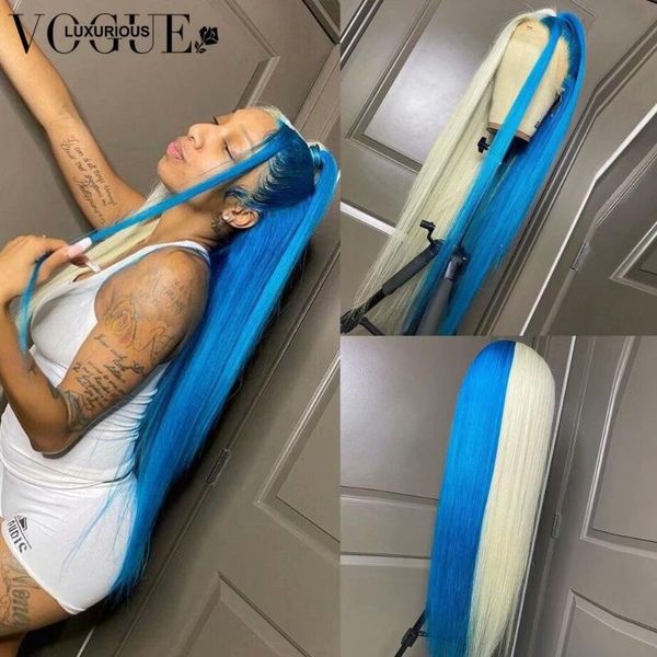 

lace wigs 180 density straight 30inch front wig brazilian remy half blue blonde preplucked colored human hair for women, Black;brown