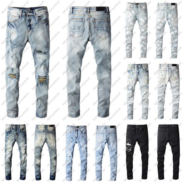 

2021 mens fashion skinny straight slim ripped jean elastic casual motorcycle biker stretch denim trouser classic pants jeans size 28-4, Blue