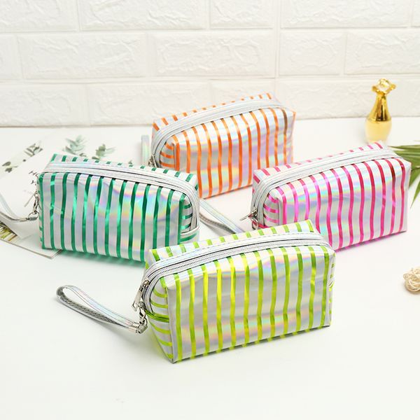 

the bag cosmetic colorful storage portable laser pvc toiletry bag, new support striped gdcra