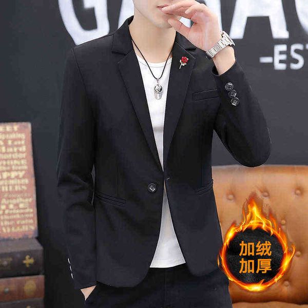 

luxury suits blaze suit men's casual korean version slim fit plush thickened single winter small student suit coat trend, Black