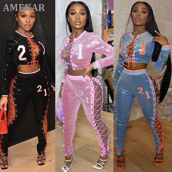 

women's two piece pants number embroidery lace up sequins set hollow out night club party suit long sleeve crop pencil, White