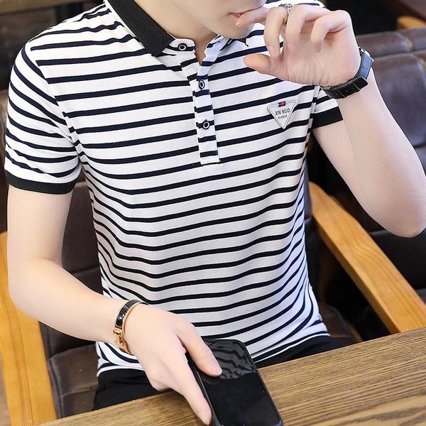 

summer cotton trend men's fashion personality handsome casual short-sleeved lapel stripe hip-hop slim t-shirt sports t-shirts, White;black