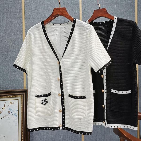 

women's knits & tees chic hollow-out short sleeves cardigans spring summer women high qyality v-neck knitted sweater cardigan c472, White