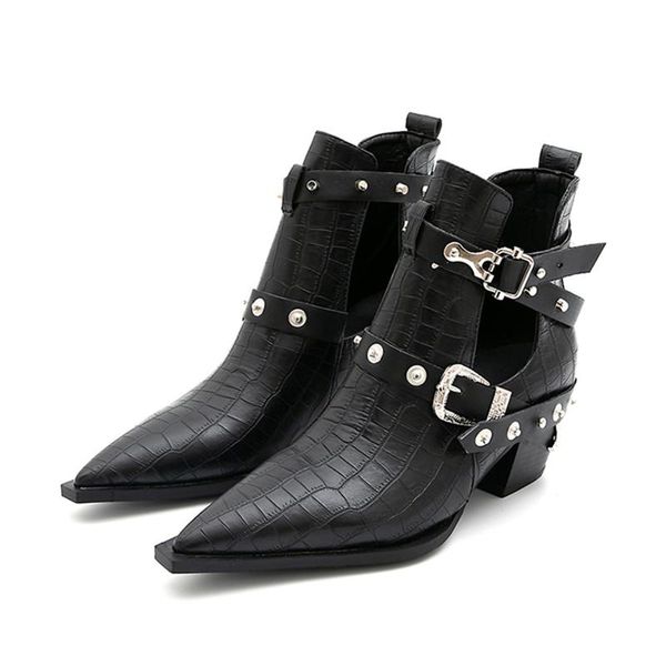 

boots metal studded rivets short sandal woman pointy toe buckle straps ankle cut out fashion cool shoes botas mujer, Black