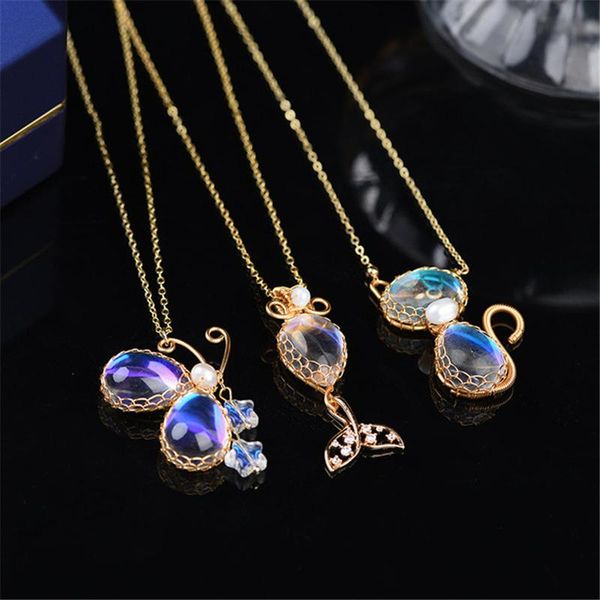 

pendant necklaces opal moonstone handmade exquisite women's sweater chain butterfly kitty korean cute necklace, Silver