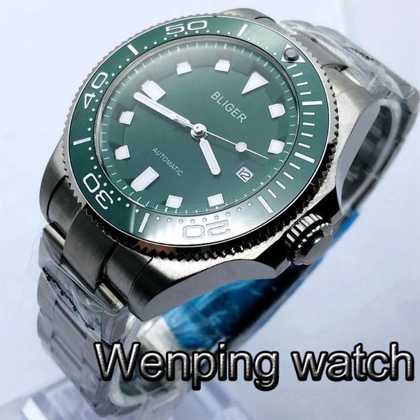 

wristwatches 43mm men's business watch silver case sapphire glass ceramic bezel green dial date luminous automatic, Slivery;brown