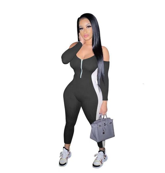 

women's jumpsuits & rompers panelled romper zipper fly fashion slash neck skinny jumpsuit slim designer womens clothing, Black;white